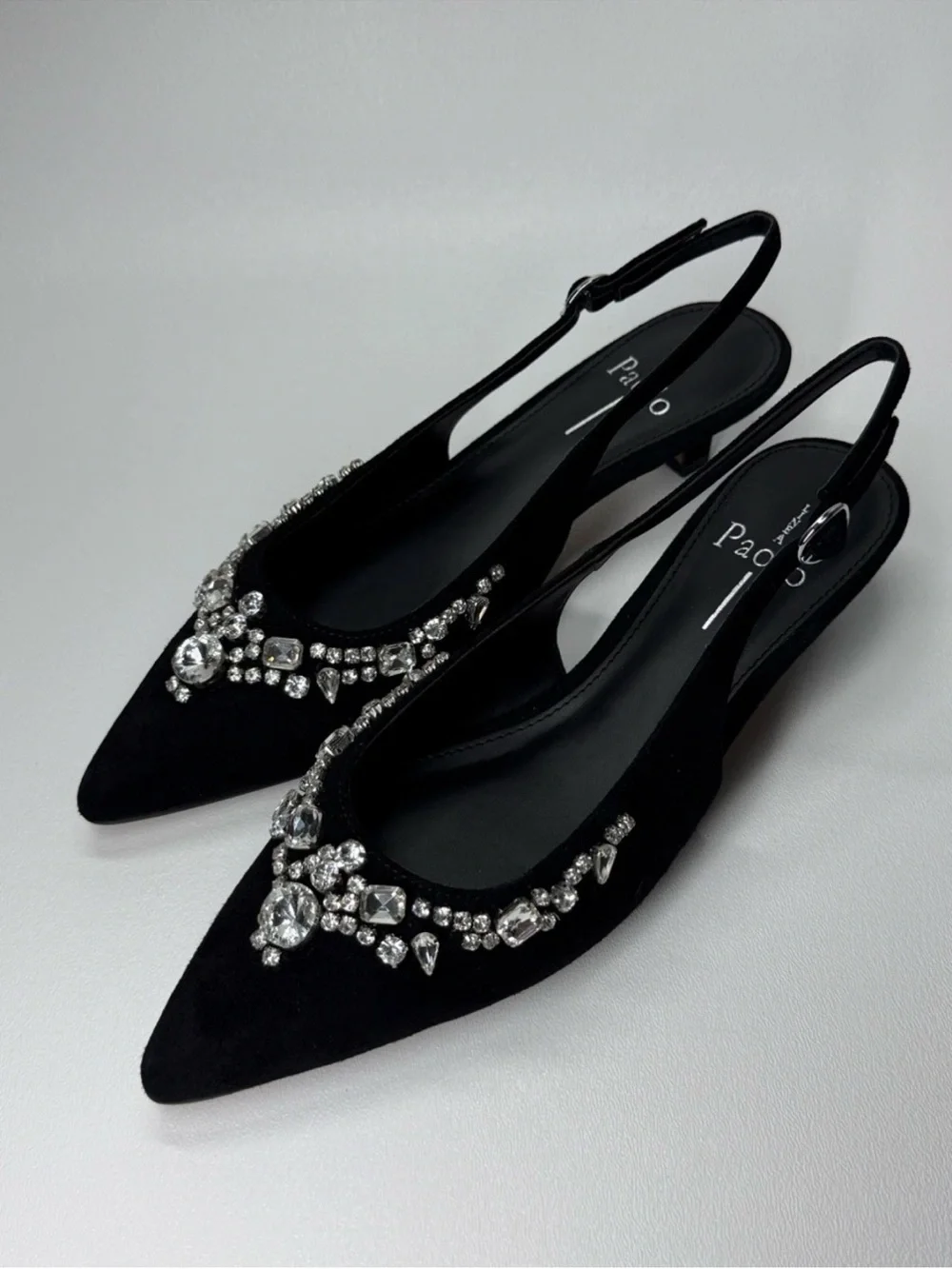 Linea Paolo CRYSTAL Black Suede Embellished Pointed Slingback Kitten Heel NIB